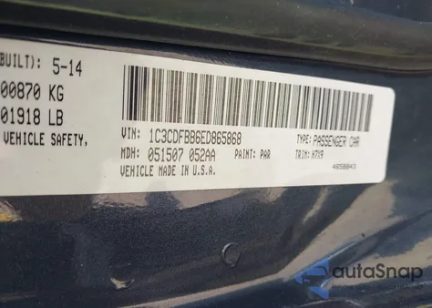 2014 Dodge Dart Sxt из США, поврежденный, VIN 1C3CDFBB6ED865868